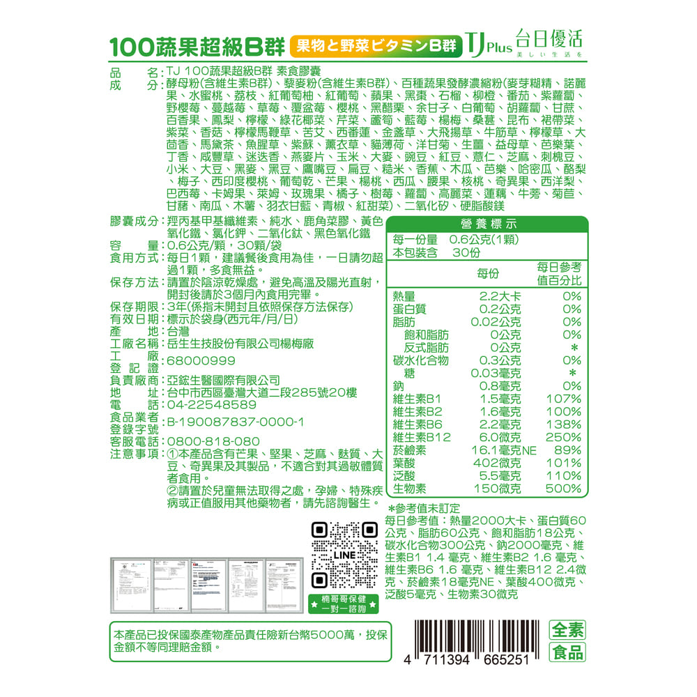 TJ 100蔬果超級B群 素食膠囊 說明包裝盒
