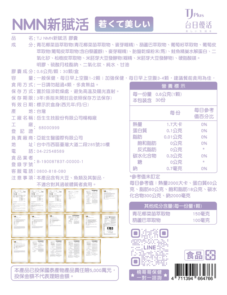 TJ NMN新賦活 膠囊 說明包裝盒