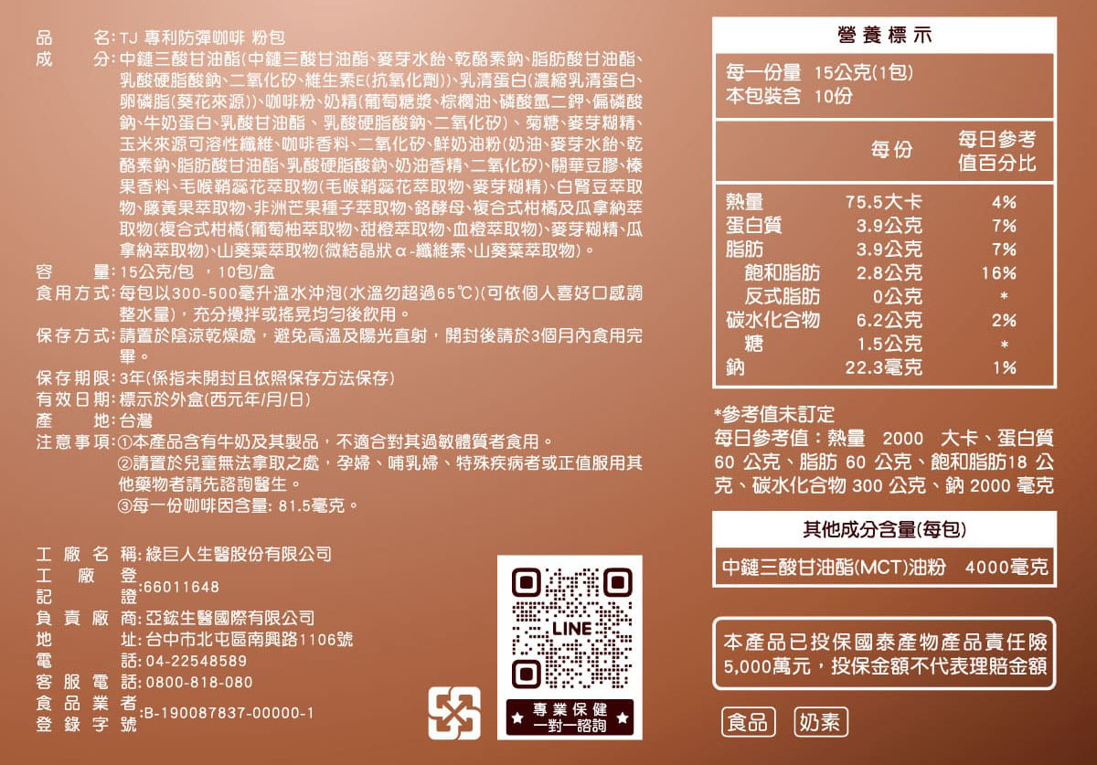 TJ 專利防彈咖啡 說明包裝盒
